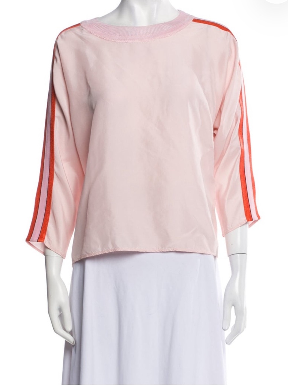 Sandro Light Pink Silk Bateau Blouse with Orange Stripe Sleeves